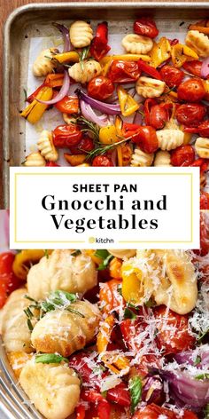 a plate full of vegetables with text overlay that reads sheet pan gnocchi and vegetables