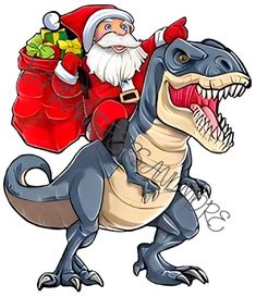 a cartoon dinosaur with santa clause riding on it's back and holding a bag