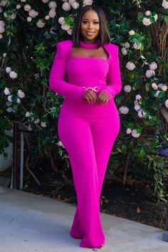 Stretch jumpsuit, Round neckline, Long sleeves, Cut out, Zipper closure. Model is wearing a medium Model is a size 9-10 in pants Model measurement: 32 bust, 28 waist, and 45 hip. The inseam is 34 Hot Pink Business Outfit, 26 Birthday, Girly Clothes, Pants Elegant, Pink Passion, Stretch Jumpsuit, Pants Model, Twin Beds, Pink Long Sleeve Shirt