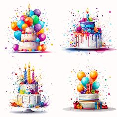 four birthday cakes with candles and balloons