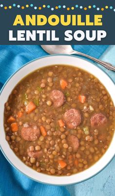 a bowl of soup with meatballs and lentil in it on a blue cloth