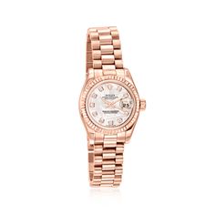 Pre-Owned Rolex Datejust Women's 26mm Automatic 18kt Rose Gold Watch. C. 2002. Experience the renowned luxury of a pre-owned Rolex with this Datejust women's watch. The timepiece features Swiss automatic movement, synthetic sapphire crystal, 26mm case, meteorite dial with diamond markers, and 18kt rose gold bezel, crown and Presidential bracelet with a concealed clasp. Water-resistant up to 100M. Pre-owned Rolex 18kt rose gold watch. Ross-Simons is not an authorized Rolex dealer. Watches from ou Rolex Rose Gold, Rolex Datejust Women, Rolex Watches Women, Rolex Women, Rose Gold Watches Women, Gold Rolex, Gold Watches Women, Rose Gold Watches, Pre Owned Rolex