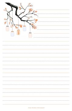 a notepad with pink flowers and mason jars hanging from the branches, on top of lined paper