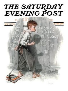 the saturday evening post cover shows a young boy standing in front of a chalkboard with writing on it