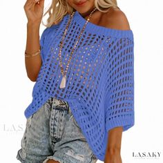 Lasaky - Round Neck Casual Crochet Hollow Knit Sweater Unique Knitting Patterns, Resort Wear For Women, Winter Shorts, Crochet Cover Up, Neckline Designs, Sweater Collection, Short Sleeve Sweater, Knit Tops, Pullover Shirt