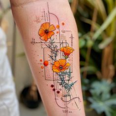 Wildflower Tattoo Master Files Modern Day Tattoos, Unique Wildflower Tattoo, Tattoos That Age Well, Finding Yourself Tattoos, Golden Poppy Tattoo, Wild Flower Sleeve Tattoo, Bright Color Tattoos For Women, Wildflower Half Sleeve Tattoo, Indian Paintbrush Tattoo