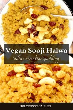 vegan sooii halwa with nuts and raisins in a white bowl