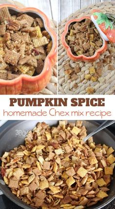 pumpkin spice homemade chex mix recipe in a skillet with the title above it