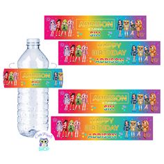 three water bottles with the names and images of barbie dolls in rainbow colors on them