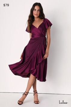 It's easy to look gorgeous when you've got a secret weapon like the Lulus Serene Sight Plum Purple Midi Wrap Dress! Lightweight, crinkle-woven fabric (with a subtle sheen throughout) shapes this elegant dress that has short flutter sleeves (with elastic at the shoulders) atop a surplice bodice with light gathering at the front. Overlapping skirt features tiered ruffles and falls to a slight high-low midi hem. Fit: This garment fits true to size. Length: Knee to mid-calf length. Size medium measu August Wedding Guest Dress Plus Size, Dress For Big Arms Women, Wrap Dress With Ruffles, Ring Outfit, Cocktail Dress Wedding Guest, Summer Cocktail Dress, Wrap Dress Midi, Lulu Fashion, Dress With Ruffles