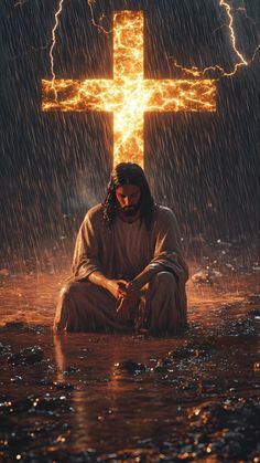 jesus sitting on the ground in front of a cross with lightning coming from behind it