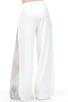 Side Chiffon Panel Palazzo Pants100% Polyester Elegant Bottoms With Elastic Waistband, Elegant Stretch Wide Leg Pants With Elastic Waistband, White Full-length Evening Pants, Full Length Bottoms With Split Design For Summer, Elegant Ankle-length Pants For Party, Chic White Bottoms For Evening, White Chiffon Party Bottoms, Fitted White Bottoms With Split Design, White Fitted Bottoms With Split Design