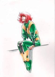 a drawing of a woman with red hair sitting on a ledge wearing green and yellow