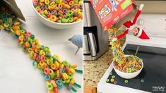 two pictures one has cereal and the other has an elf's tail made out of cereal