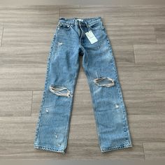 Brand New With Tags Attached Zara Trendy Medium Wash Jeans, Trendy Zara Denim Jeans, Zara Ripped Jeans In Medium Wash, Zara Ripped Denim Blue Jeans, Zara Ripped Light Wash Jeans, Zara Ripped Denim Jeans, Zara Ripped Straight Leg Jeans, Zara High Rise Distressed Jeans, Zara High-rise Distressed Jeans