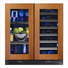 two wooden cabinets filled with drinks and fruit