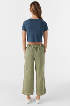 O'Neill Girl's pull-on woven pant 22'' Inseam Length, 10'' Rise Length Encased Elastic Waist Cargo Pockets Slash Pockets at Hip 100% Viscose Crinkle | O'Neill Girl's Summer Cargo Pants in Oil Green, Size XL, Viscose Casual Green Full-length Cargo Pants, Casual Green Full Length Cargo Pants, Summer Stretch Bottoms With Cargo Pockets, Summer Khaki Relaxed-fit Cargo Pants, Khaki Full-length Cargo Pants For Summer, Casual Stretch Cargo Pants For Summer, Casual High-waisted Green Cargo Pants, Casual Green High Waist Cargo Pants, Casual High Waist Cargo Pants