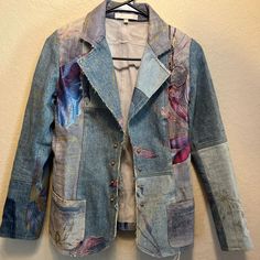 Beautiful Vintage 2000’s Distressed Denim And Floral Print Roberto Cavalli Jacket With Gold Accents. Size Large But Fits More Like A Small. Fair Condition. There Are Some Stains On The Inner Sides Of The Jacket. Not As Noticeable In Person. No Visible Stains On The Outside. Fitted Spring Outerwear With Patch Pockets, Designer Cotton Blazer For Spring, Designer Spring Blazer With Button Closure, Designer Multicolor Spring Blazer, Designer Multicolor Blazer For Spring, Spring Denim Blazer With Patch Pockets, Spring Multicolor Patchwork Blazer, Vintage Blazer With Patchwork For Spring, Spring Multicolor Outerwear With Patch Pockets