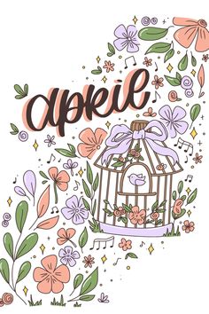 a birdcage with flowers and the word aprico written in black ink on a white background