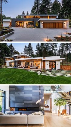 three different views of a modern house in the woods