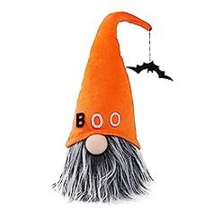 an orange and gray gnome hat with bats hanging from it's side on a white background