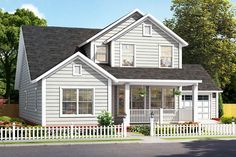 this is a computer rendering of the front view of a house with white picket fence