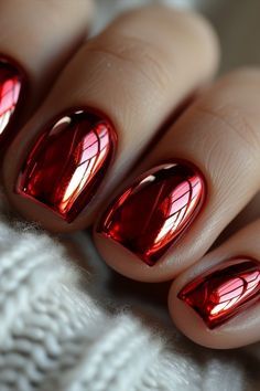 Red Chrome Nails, Red Chrome, Dark Green Nails, February Nails, White Glitter Nails, Chrome Nail, Nails Salon, Vibrant Nails, Simple Acrylic Nails