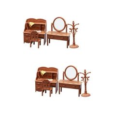 three pieces of furniture including a dresser, mirror and coat rack with two candlesticks