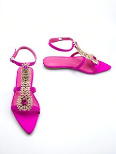 Bedazzled Sandals For Spring Party, Bedazzled Ankle Strap Sandals For Party, Summer Party Sandals With Chain Strap, Spring Party Sandals With Chain Strap, Elegant Jeweled Summer Sandals, Elegant Jeweled Sandals For Summer, Pink Embellished Sandals For Prom, Hot Pink Flats, Party Flats