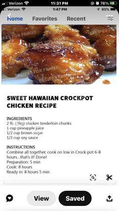 the menu for sweet hawaiian crockpot chicken recipe is displayed on an iphone screen