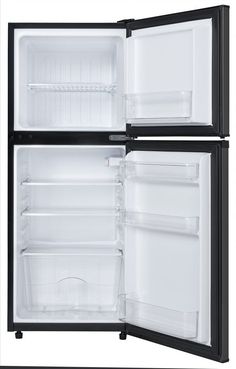 two open refrigerators side by side with the doors wide open