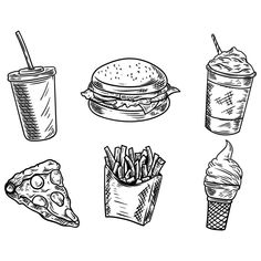 different types of fast food are shown in this black and white drawing