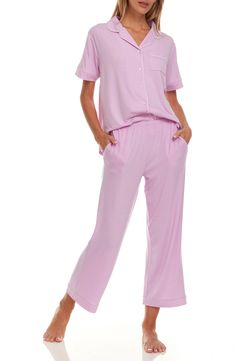 A matching pajama set ensures even your bedtime wardrobe is chic! 26" length; 11" rise, 26" inseam (size Small) Top has front button closure; notched collar; short sleeves Pants have elastic waist 62% polyester, 33% rayon, 5% spandex Machine wash cold, tumble dry Imported Matching Pajama Set, Flora Nikrooz, Matching Pajama, Mario Valentino, Matching Pajamas, Contemporary Outfits, Designer Crossbody Bags, Sweaters And Leggings, Sandals Brands