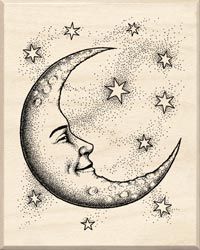 a drawing of a crescent moon with stars around it