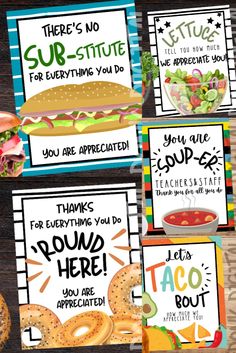 there are four cards with different sayings on them and one has an image of a sandwich