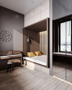 a bedroom with a bed and a piano in the corner next to a large window