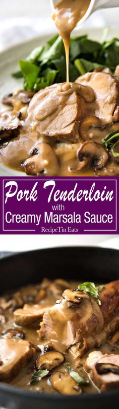 pork tenderloin with creamy masala sauce in a cast iron skillet on a white plate