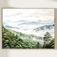 a painting with mountains in the background