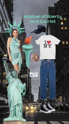 the statue of liberty and tourist t - shirts are on display in new york city