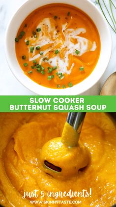 two pictures showing how to make butternut squash soup