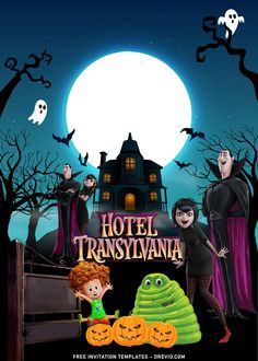 a poster for the hotel transaviana with kids in front of a creepy house