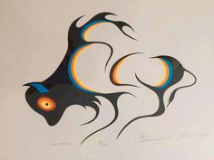 an abstract painting with black and orange colors on white paper, depicting two fish swimming in the water