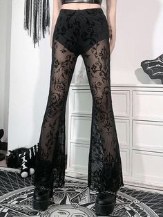 ⚡️Buy Sheer Mesh Printed Flare Leg Pants Black M under $25.00 in Pants Online. Style: Boho, Sexy Color: Black Main Material: Polyester, Spandex Fit Type: Slim fit Design: Allover Print Detail, Slim Flare Leg Fit, Elasticated Waistband. ✓2022 NEW YEAR SALE | $10 OFF OVER $75 CODE: NY1 I $25 OFF OVER $125 CODE: NY2 | $35 OFF OVER $215 CODE: NY3✓Free Shipping on all orders over $69 USD.. Check reviews and order Sheer Mesh Printed Flare Leg Pants today. Vampire Stuff, Band Au, Gothic Pants, Random Clothes, Oc Outfits, Black Flare Pants, Mesh Pants, Summer Goth, Lace Pants