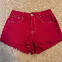 Super Cute Red Jean Shorts With White Stitching!! Amazing Condition, Basically Brand New! Never Worn, But Tags Are Off! Perfect For Summer! Red Jean Shorts, Casual Red Jean Shorts, Cheap Red High-waisted Shorts, Cheap Red Jean Shorts, Red High-waisted Denim Jean Shorts, Red Jeans, Jean Shorts, Short Pants, Bottoms Pants