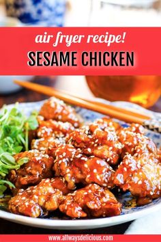 the recipe for sesame chicken on a plate with chopsticks