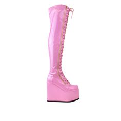 Vegan leather upper with man made sole Side zipper closure Heel measures approx. 5.75" H Platform measures approx. 3.5" H Imported Lamb Clothes, Pink Platform Boots, Neon Dance, Home Decor Pink, Vegan Leather Boots, Pink Clothing, Pink Platforms, Pink Home Decor, Pink Outfits