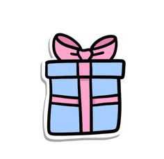 a blue and pink gift box with a pink bow on it's ribbon sticker