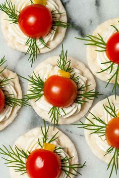 small appetizers with tomatoes and cream cheese are arranged on a marble countertop