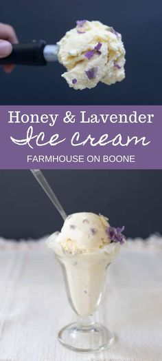 honey and lavender ice cream in a small glass bowl