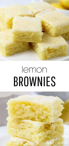 lemon brownies stacked on top of each other with the words, lemon brownies